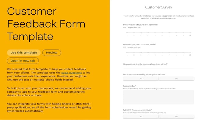 the customer feedback form template from paperform